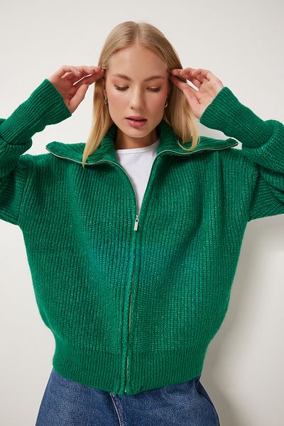 Happiness İstanbul Grüne Strickjacke mit Reißverschlusskragen für Damen MX00173