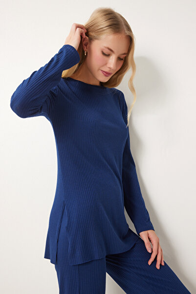 Happiness İstanbul Navy Blue Women's Knitted Blouse and Trousers Set - Comfortable Corduroy Ow00054