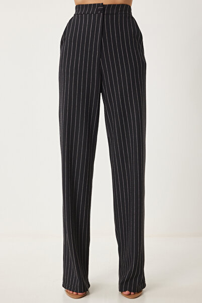 Happiness İstanbul Kadın Siyah Çizgili Rahat Dokuma Pantolon TO00158