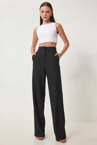 Happiness İstanbul Women's Black Striped Comfortable Woven Trousers To00158