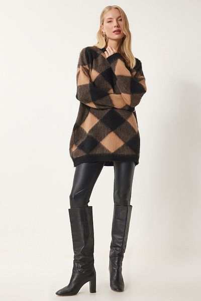 Happiness İstanbul Pulover de damă, negru, biscuit, carouri, cu modele, tricotaje lungi, texturate AN00215