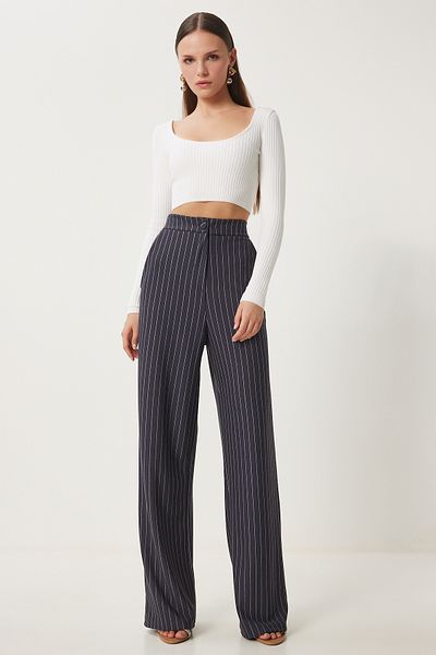 Happiness İstanbul Women's Anthracite Striped Comfortable Woven Trousers To00158