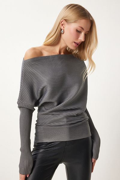 Happiness İstanbul Anthrazitfarbener Cordpullover mit asymmetrischem Kragen für Damen FN03383