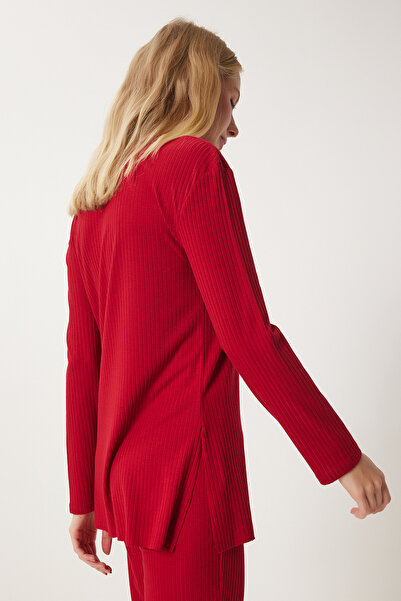 Happiness İstanbul Women's Red Knitted Blouse and Trousers Set - Comfortable Corduroy Ow00054