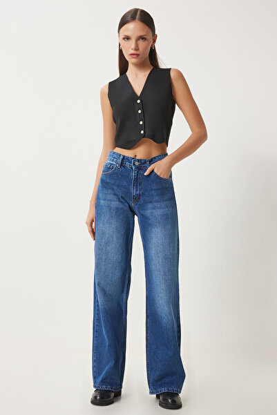 Happiness İstanbul Kadın Mavi Orta Bel Geniş Paça Bol Jeans UT00023