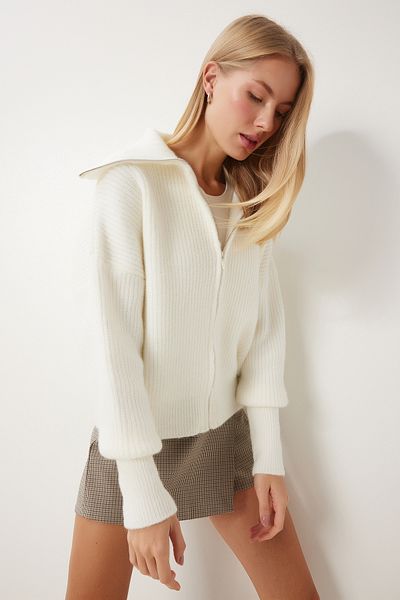 Happiness İstanbul Damen-Strickjacke MX00173 in Ecru mit Reißverschlusskragen