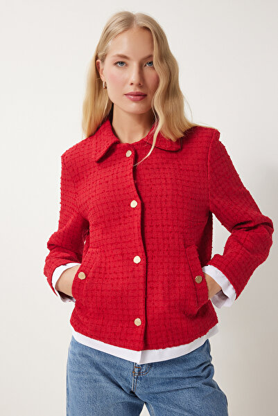 Happiness İstanbul Rote Tweed-Jacke – Hemdkragen, TO00157