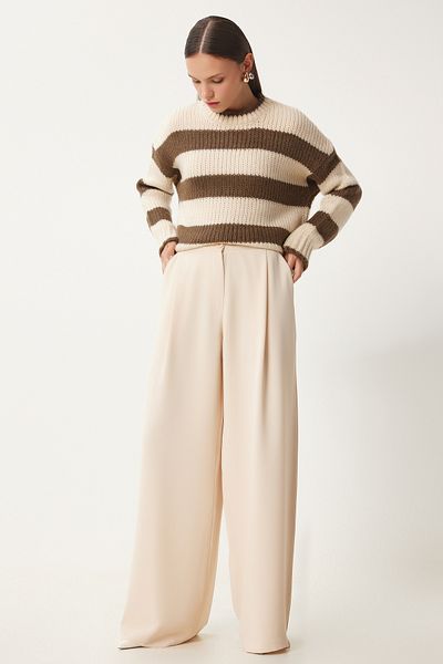 Happiness İstanbul Cremefarbene, gewebte Palazzo-Hose mit Taschen für Damen UL00052
