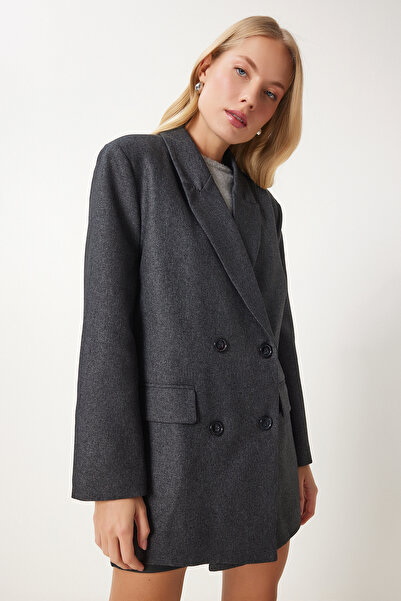 Happiness İstanbul Γυναικείο υφαντό μπουφάν με διπλό γιακά ανθρακί FN03384