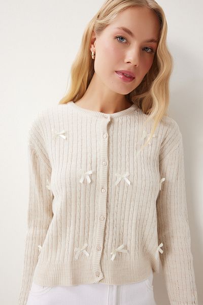 Happiness İstanbul Women's Cream Bow Knitted Knitwear Cardigan Pf00102