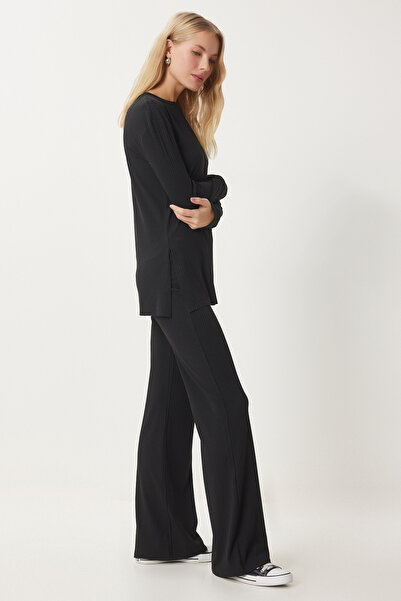 Happiness İstanbul Fekete női kötött blúz és nadrág szett - kényelmes kordbársony OW00054