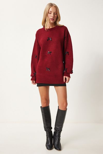 Happiness İstanbul Burgunderroter Strickpullover mit Schleife für Damen SV00013