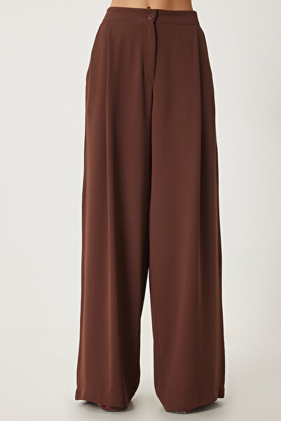 Happiness İstanbul Women's Brown Pocketed Woven Palazzo Trousers Ul00052