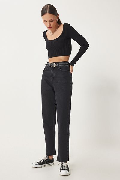 Happiness İstanbul Women's Black Mid Waist Straight Jeans Ut00024