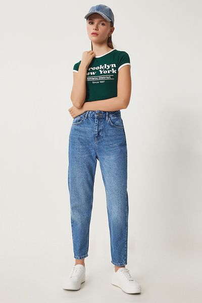 Happiness İstanbul Dámské modré Mom Jeans se středním pasem Ri00003
