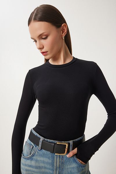Happiness İstanbul Dámská černá pletená halenka Crew Neck Basic Cr00439