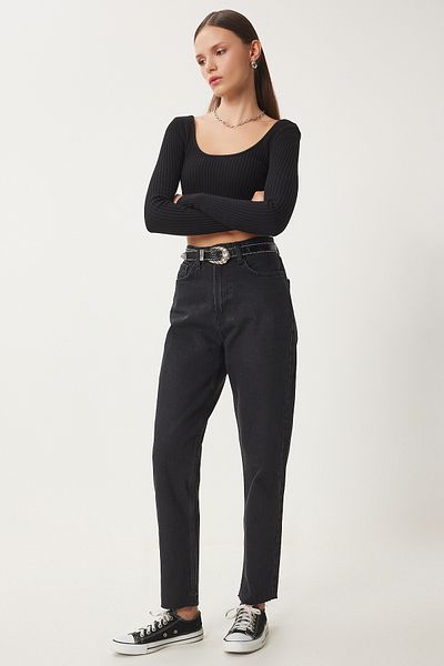 Happiness İstanbul Women's Black Mid Waist Straight Jeans Ut00024
