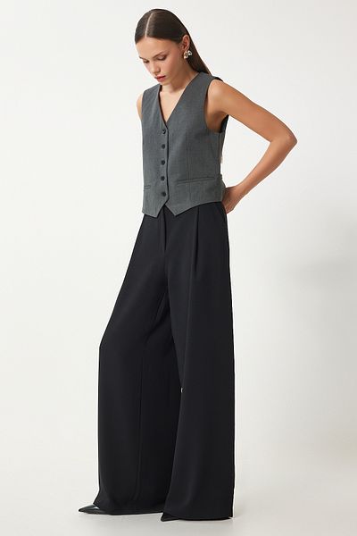Happiness İstanbul Schwarze, gewebte Palazzo-Hose mit Taschen für Damen UL00052