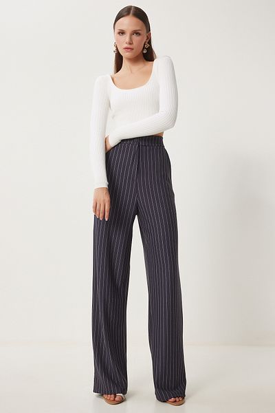 Happiness İstanbul Women's Anthracite Striped Comfortable Woven Trousers To00158