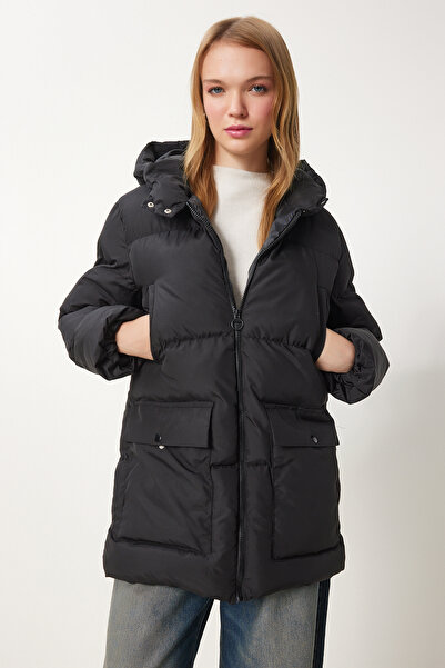 Happiness İstanbul Dámská černá bunda Puffer s kapucí HK00023