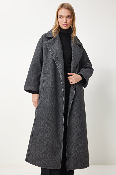 Happiness İstanbul Women's Anthracite Premium Double Breasted Collar Wool Long Stamp Coat FN03159