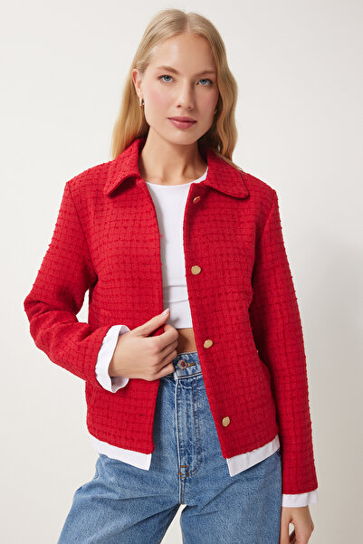 Happiness İstanbul Rote Tweed-Jacke – Hemdkragen, TO00157