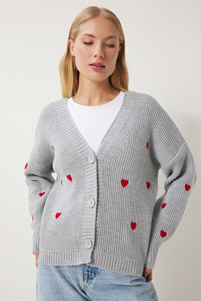 Happiness İstanbul Női szürke V-nyakú szív texturált kötöttáru kardigán KG00011