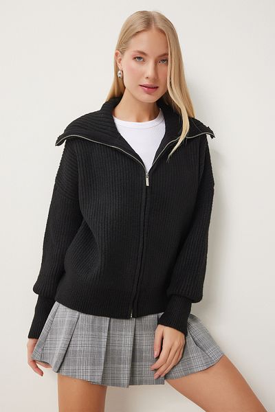 Happiness İstanbul Women's Black Zippered Collar Knitwear Cardigan Mx00173