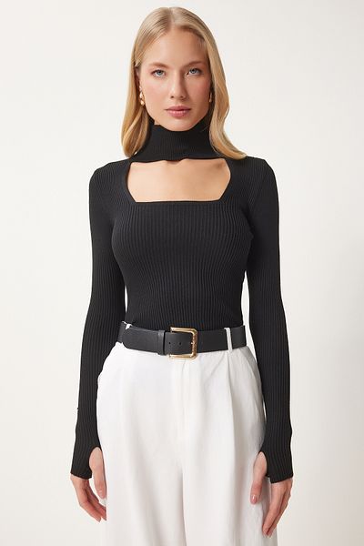 Happiness İstanbul Pulover de damă, negru, cu decupaje, cu guler ridicat, tricot cu nervuri FN03165