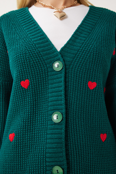Happiness İstanbul Női smaragdzöld V-nyakú szív texturált kötöttáru kardigán KG00011