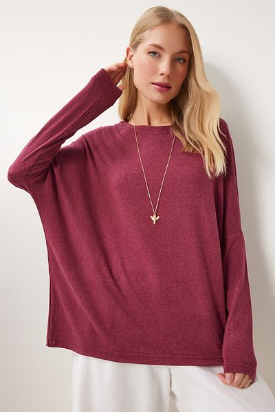 Happiness İstanbul Burgunderrote Damen-Strickbluse mit Fledermausärmeln und Rundhalsausschnitt EN00616