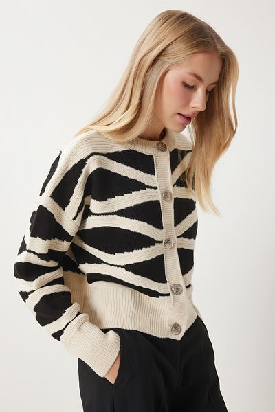 Happiness İstanbul Damen-Strickjacke in Ecru, Schwarz, Kontrastfarbe, stilvoll, geknöpft, MX00174