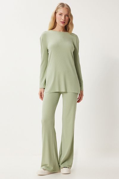 Happiness İstanbul Grünes Damen-Set aus gestrickter Bluse und Hose – bequemer Cord OW00054