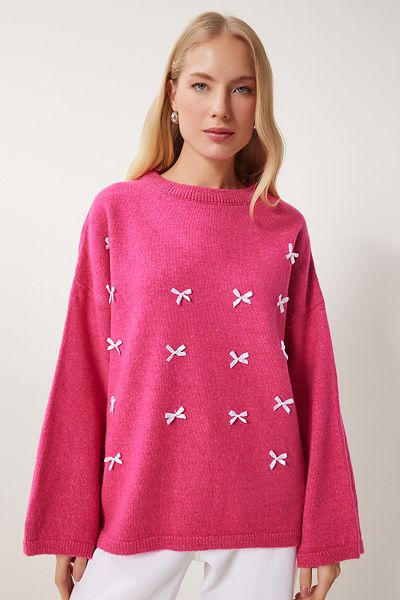 Happiness İstanbul Women's Dark Pink Bow Detailed Oversize Knitwear Sweater Kb00042