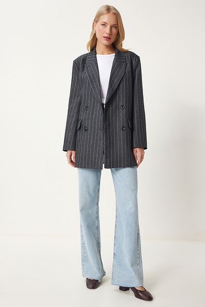 Happiness İstanbul Women's Anthracite Double Breasted Collar Striped Woven Jacket Fn03385