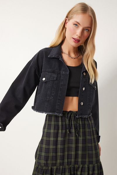 Happiness İstanbul Jachetă crop din denim cu ciucuri negru pentru femei AN00214