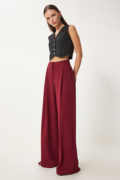 Happiness İstanbul Damskie bordowe, tkane spodnie palazzo z kieszeniami Ul00052