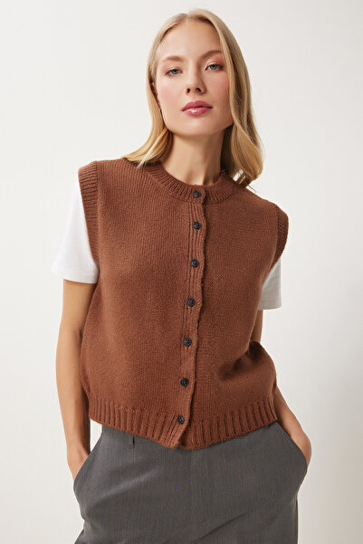 Happiness İstanbul Дамска кафява трикотажна жилетка с кръгло деколте Us00947