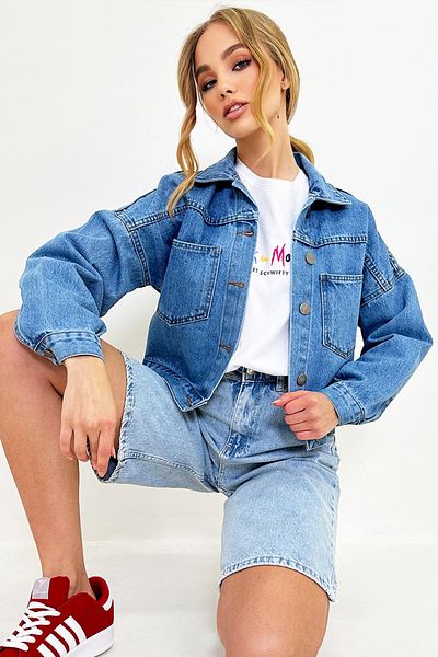 Trend Alaçatı Stili Blaue Crop-Jeansjacke für Damen