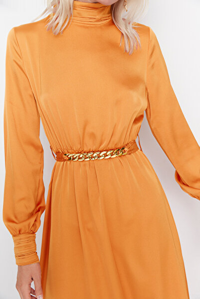 Trendyol Modest Orange Collar and Cuff Drape Detailed Belted Woven Evening Dress TCTSS22EB0142