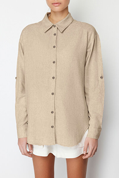 Trendyol Collection Bézs, alacsony ujjú, túlméretezett pamut vászon szőtt ing TWOSS24GO00057