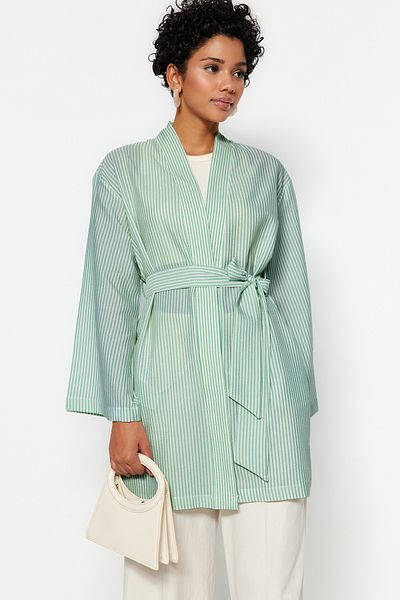 Trendyol Modest Miętowe tkane kimono Seersucker w paski i kaftan TCTSS23KK00001