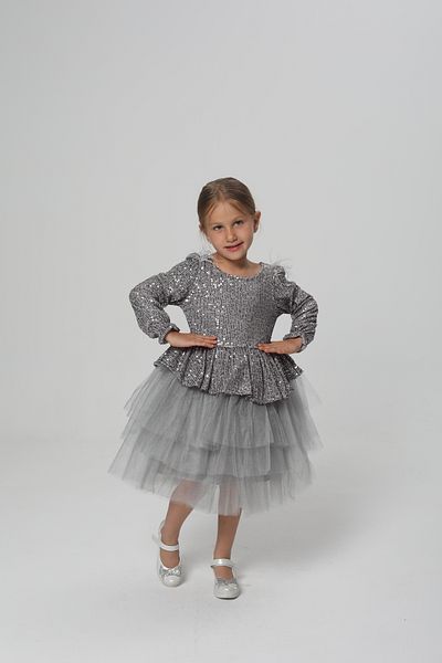 miço kids Παιδικό βραδινό φόρεμα σε γκρι παγιέτες Peplum