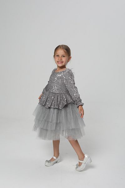 miço kids Παιδικό βραδινό φόρεμα σε γκρι παγιέτες Peplum