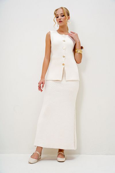 Trend Alaçatı Stili Women's Stone Gold Button Detailed Long Knitwear Vest and Skirt Set Alc-X13029