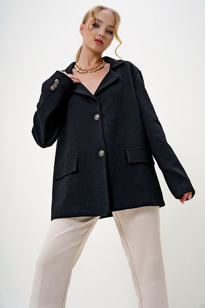Trend Alaçatı Stili Damen-Blazer-Strickjacke mit Knöpfen in Schwarz und Gold ALC-X13062