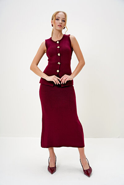 Trend Alaçatı Stili Női bordó arany gombos részletes hosszú kötöttáru mellény és szoknya szett ALC-X13029