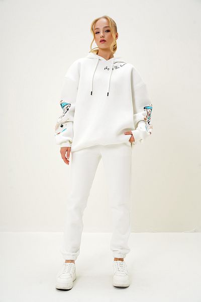 Trend Alaçatı Stili Women's Ecru Hooded Sleeve Butterfly Printed Three Thread Ribbed Tracksuit Suit Alc-X13098
