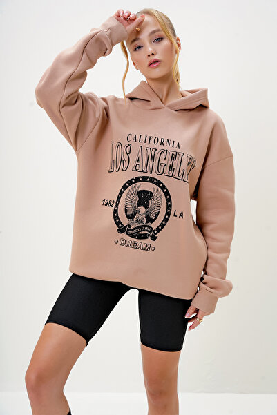 Trend Alaçatı Stili Dámská sušenková mikina s kapucí vpředu s potištěným třemi vlákny, žebrovaná mikina Alc-X13080