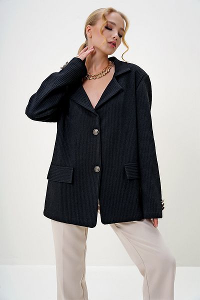 Trend Alaçatı Stili Damen-Blazer-Strickjacke mit Knöpfen in Schwarz und Gold ALC-X13062